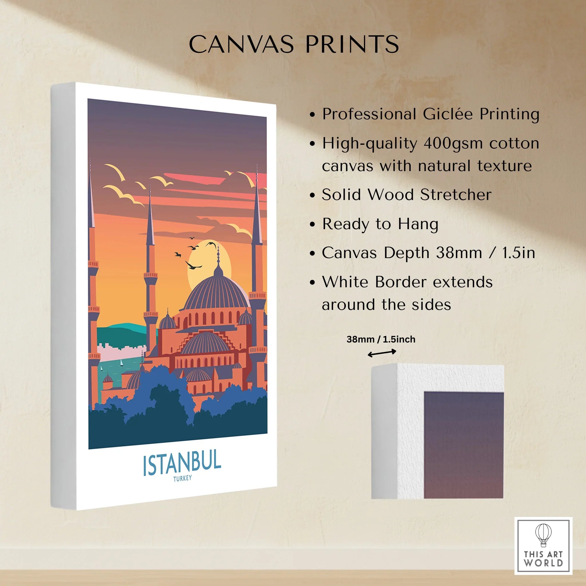 Istanbul Turkey travel poster canvas print with sunset skyline, minarets, and dome, ready to hang wall art