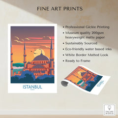 Istanbul Turkey travel poster print with sunset skyline, minarets, and dome, ready to frame wall art