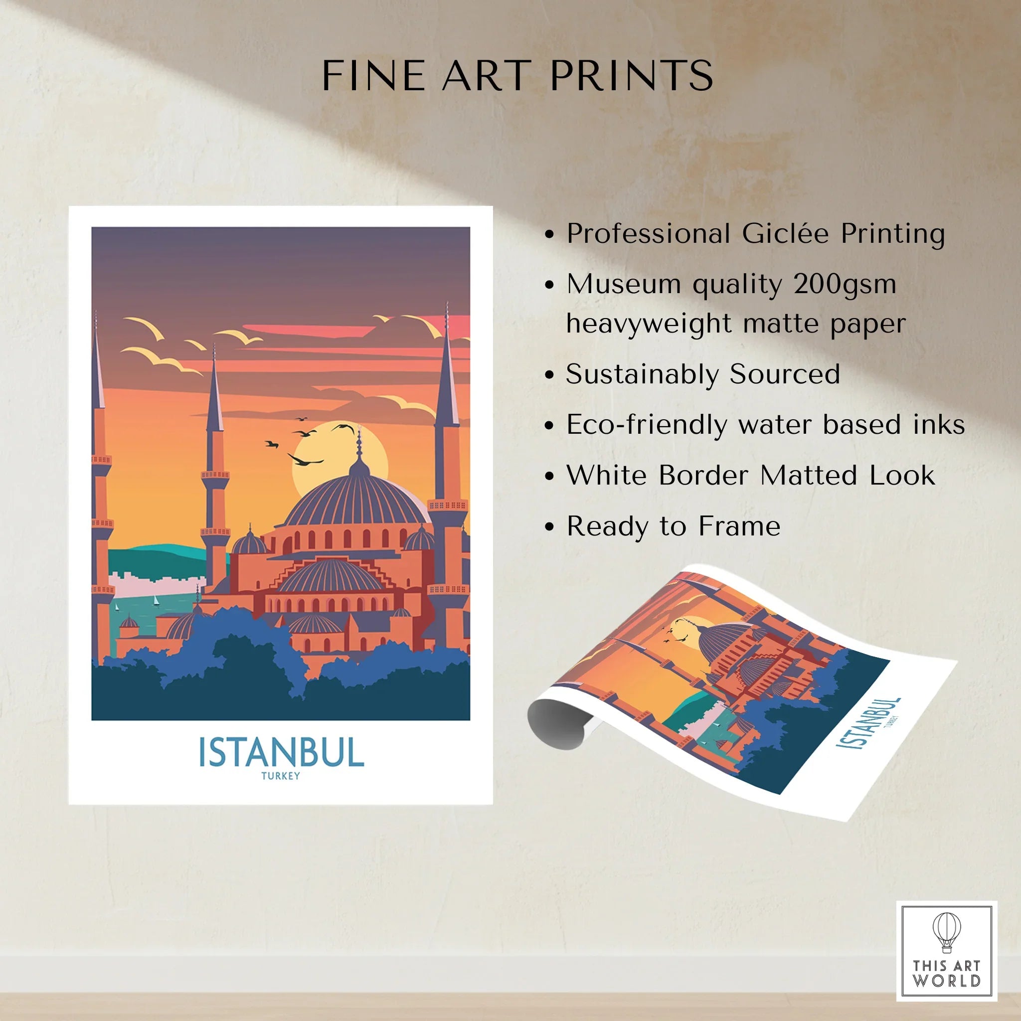 Istanbul Turkey travel poster print with sunset skyline, minarets, and dome, ready to frame wall art