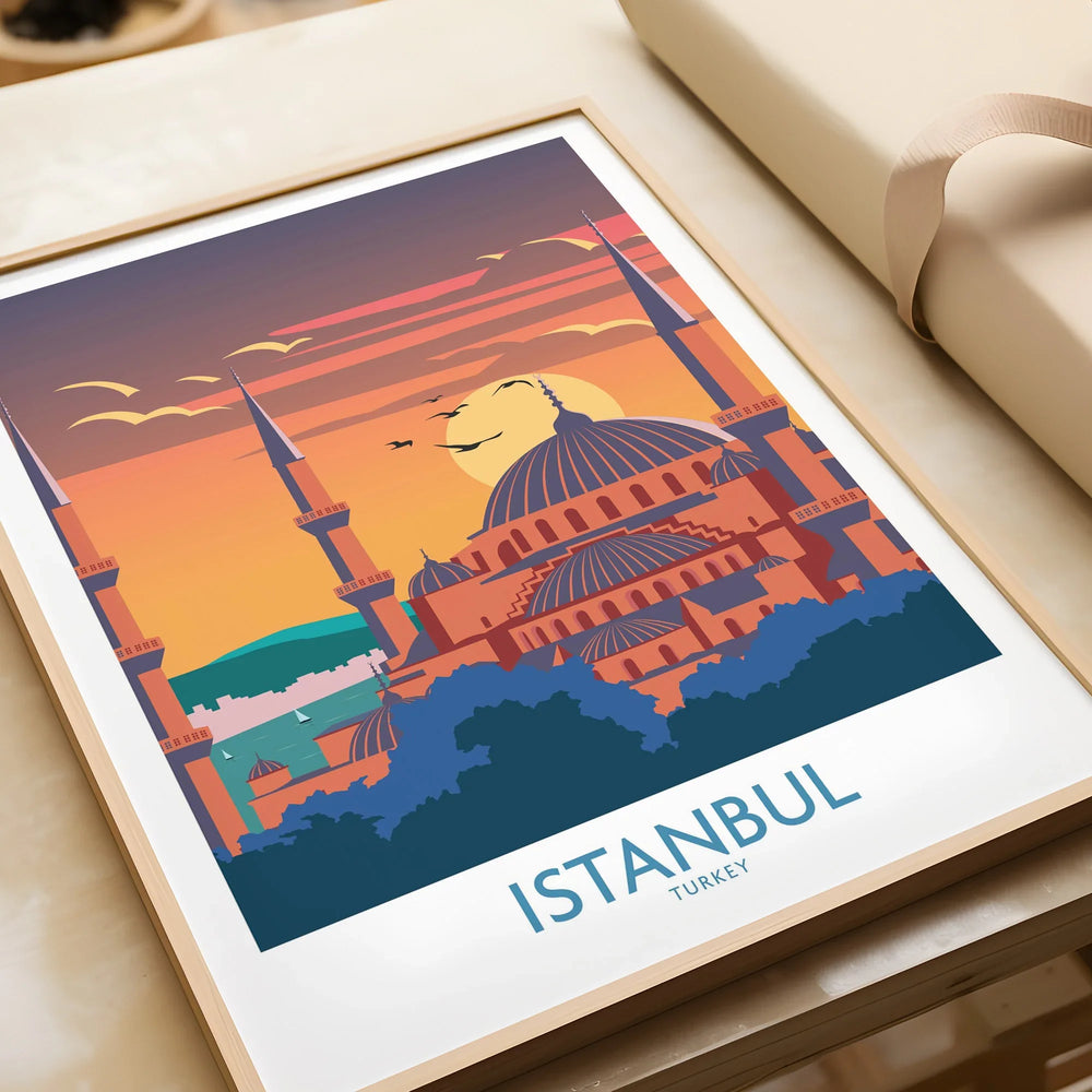 Istanbul Turkey travel poster with mosque skyline at sunset, framed wall art for home decor