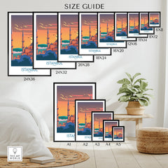 Istanbul travel poster size guide with framed wall art options for home decor