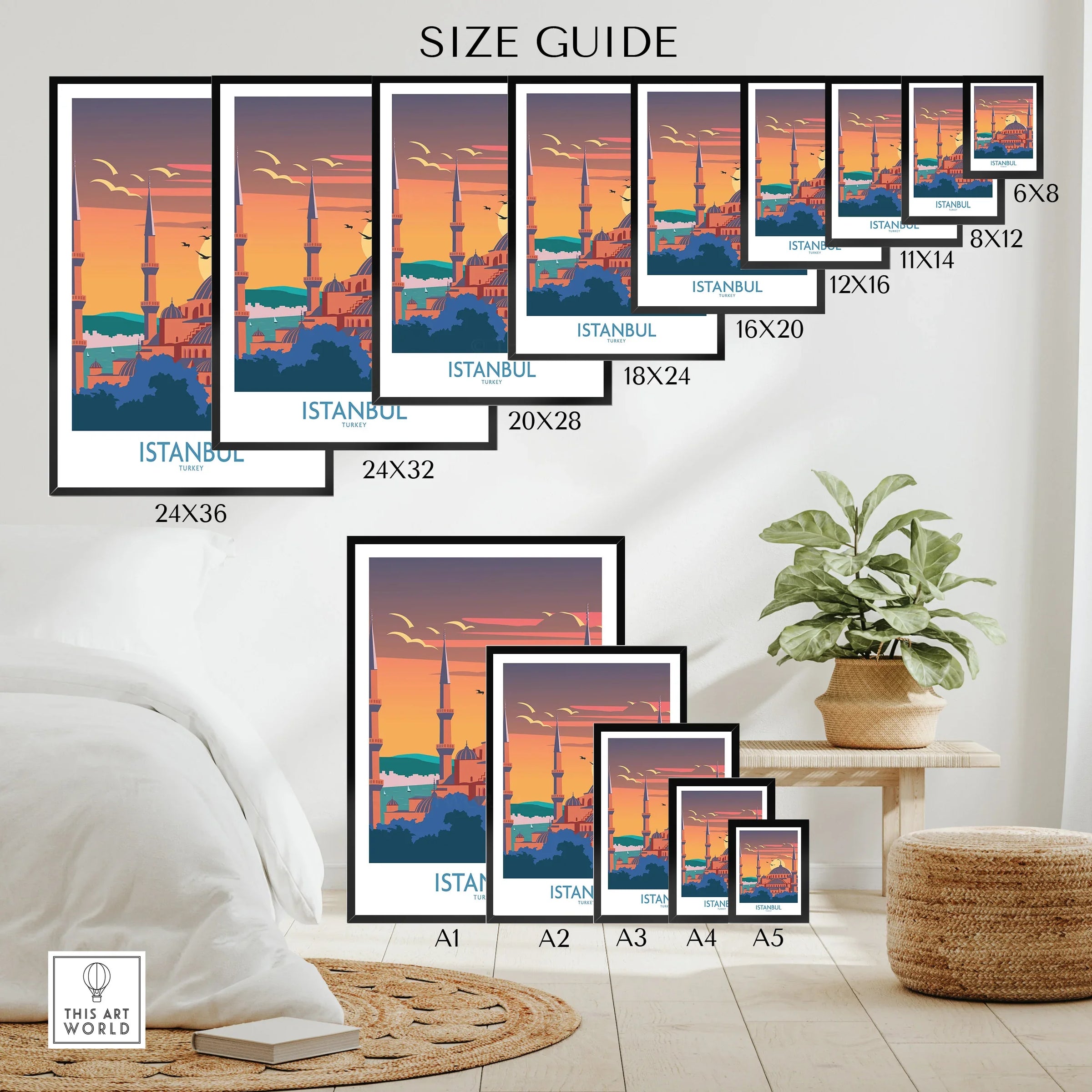 Istanbul travel poster size guide with framed wall art options for home decor