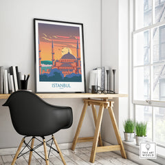 Istanbul Turkey travel poster with mosque skyline, sunset, and birds, displayed on a modern desk for home decor.