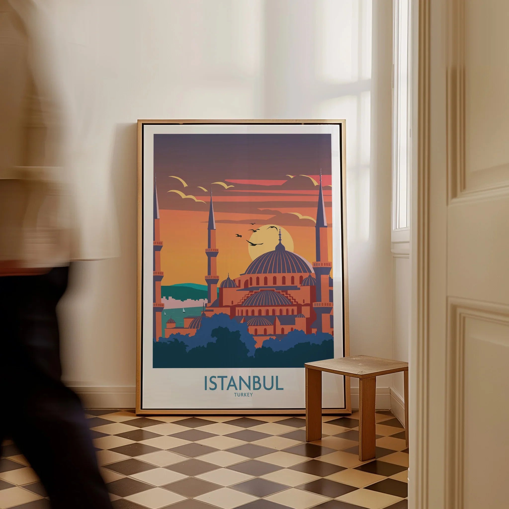 Istanbul Turkey travel poster with sunset skyline, domes, and minarets, perfect for home wall art decor.