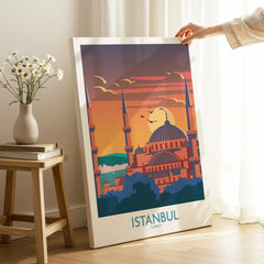 Istanbul Turkey travel poster with mosque skyline at sunset, perfect for home wall art decor