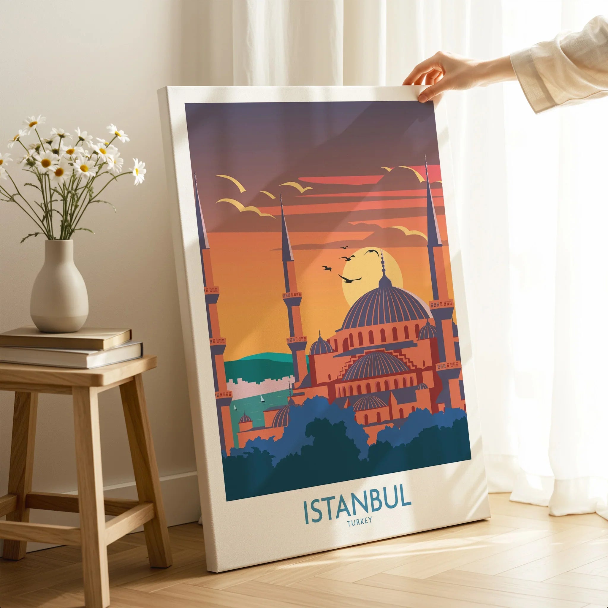 Istanbul Turkey travel poster with mosque skyline at sunset, perfect for home wall art decor