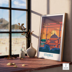 Istanbul Turkey travel poster with mosque skyline at sunset, perfect for home wall art decor