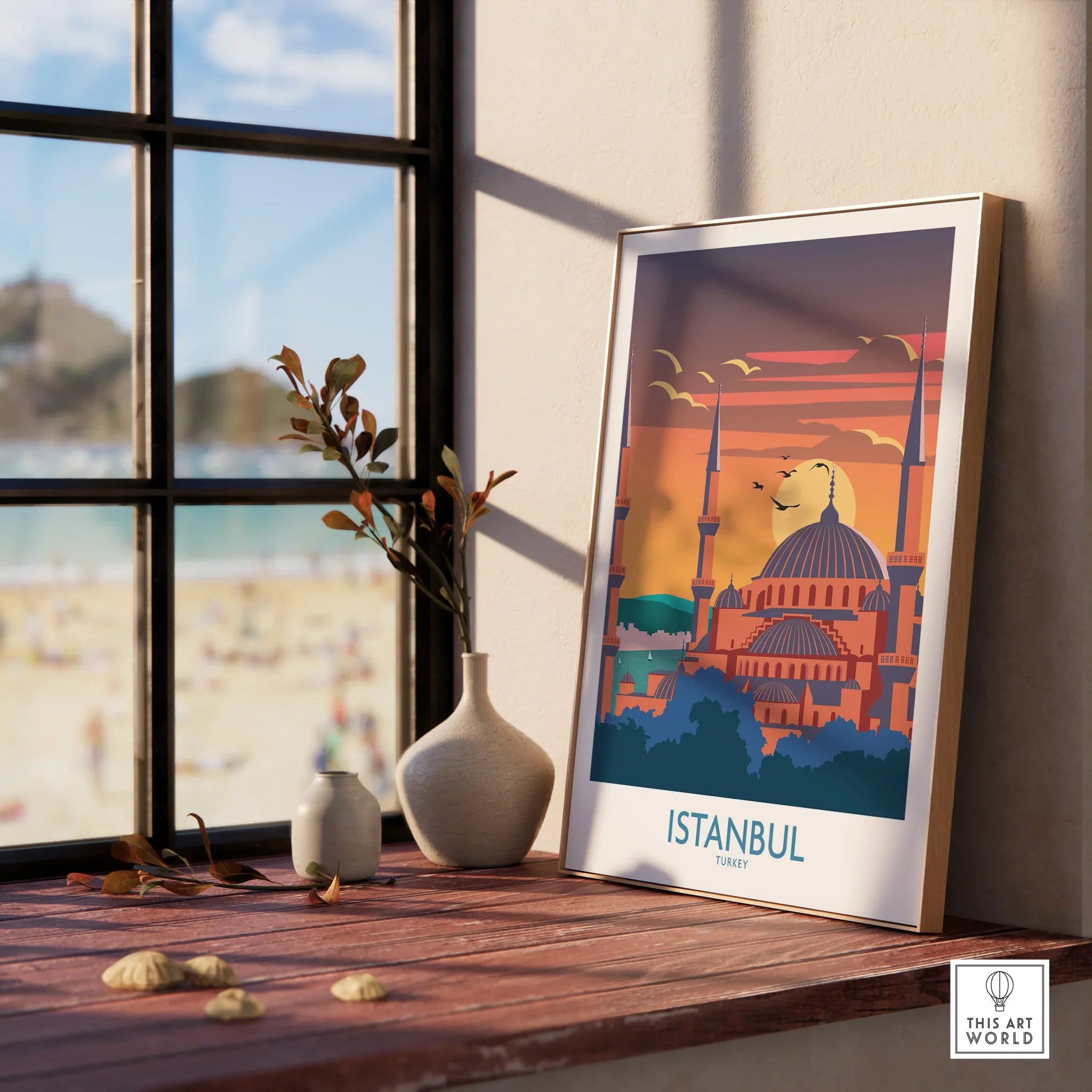 Istanbul Turkey travel poster with mosque skyline at sunset, perfect for home wall art decor