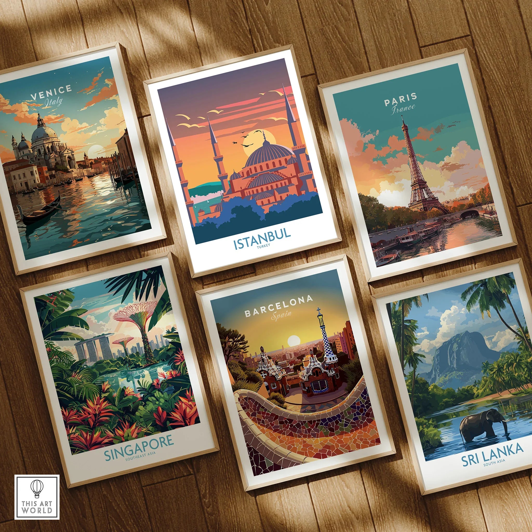 Framed travel posters of Venice, Istanbul, Paris, Singapore, Barcelona, Sri Lanka for wall art decor