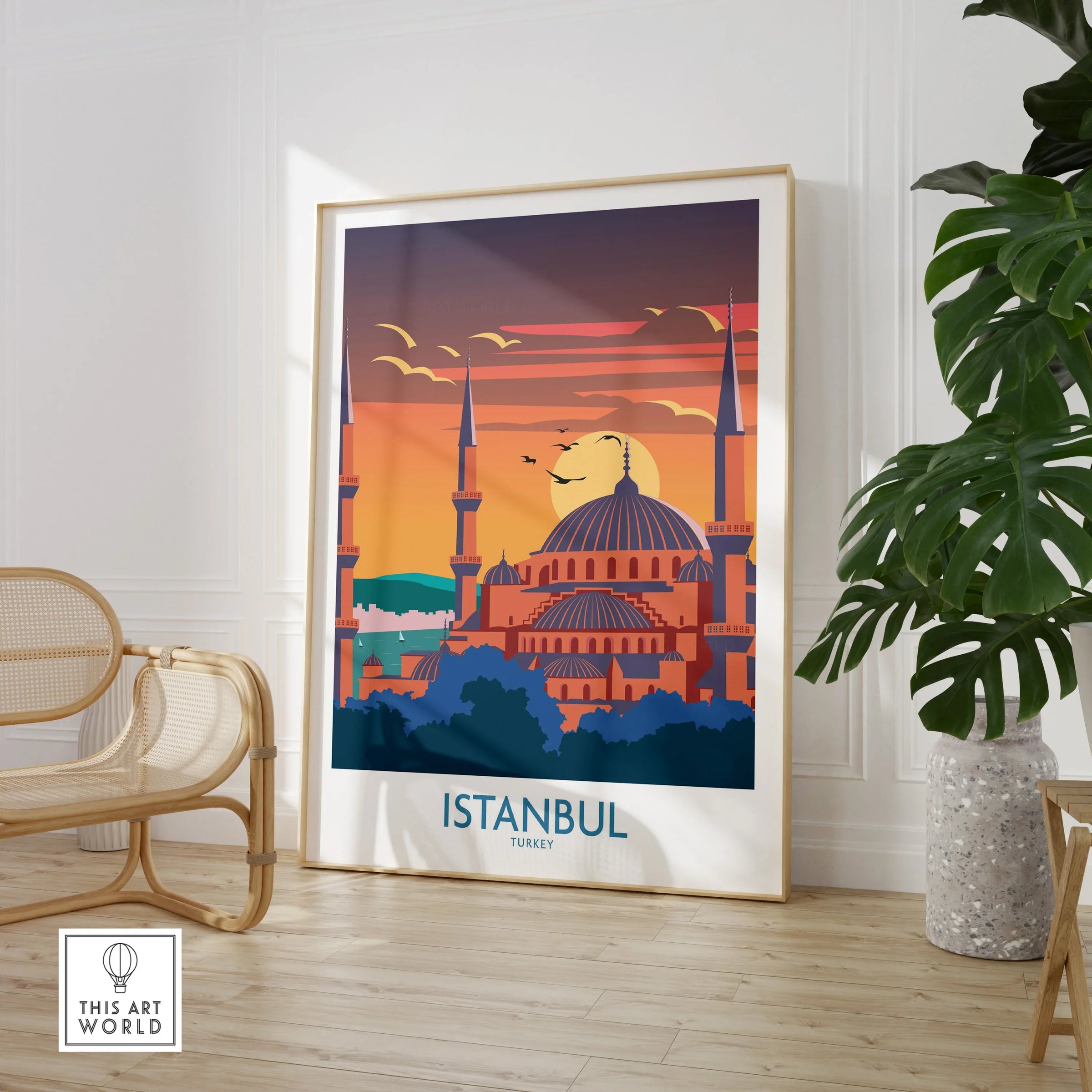 Istanbul Turkey travel poster with mosque skyline at sunset, framed wall art for home decor