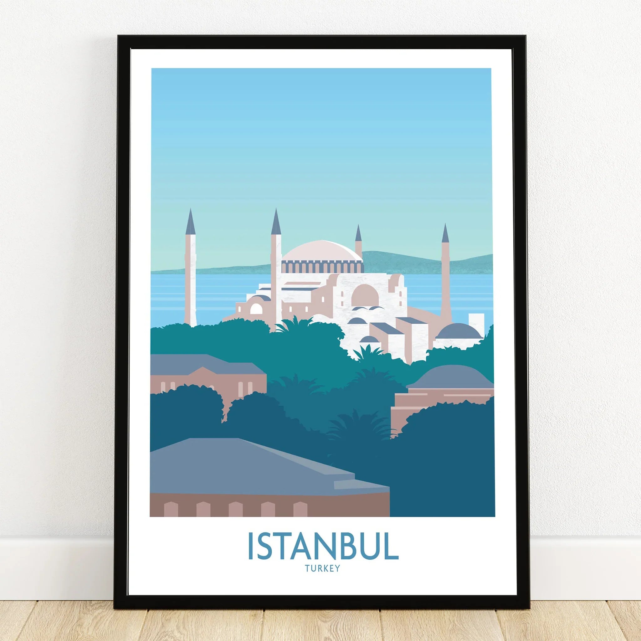 Istanbul Turkey travel poster art print with Hagia Sophia skyline, perfect for home wall decor