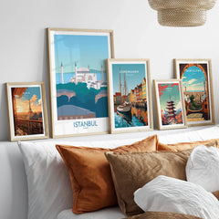 Framed travel posters of Paris, Istanbul, Copenhagen, Tokyo, and Barcelona for home wall art decor