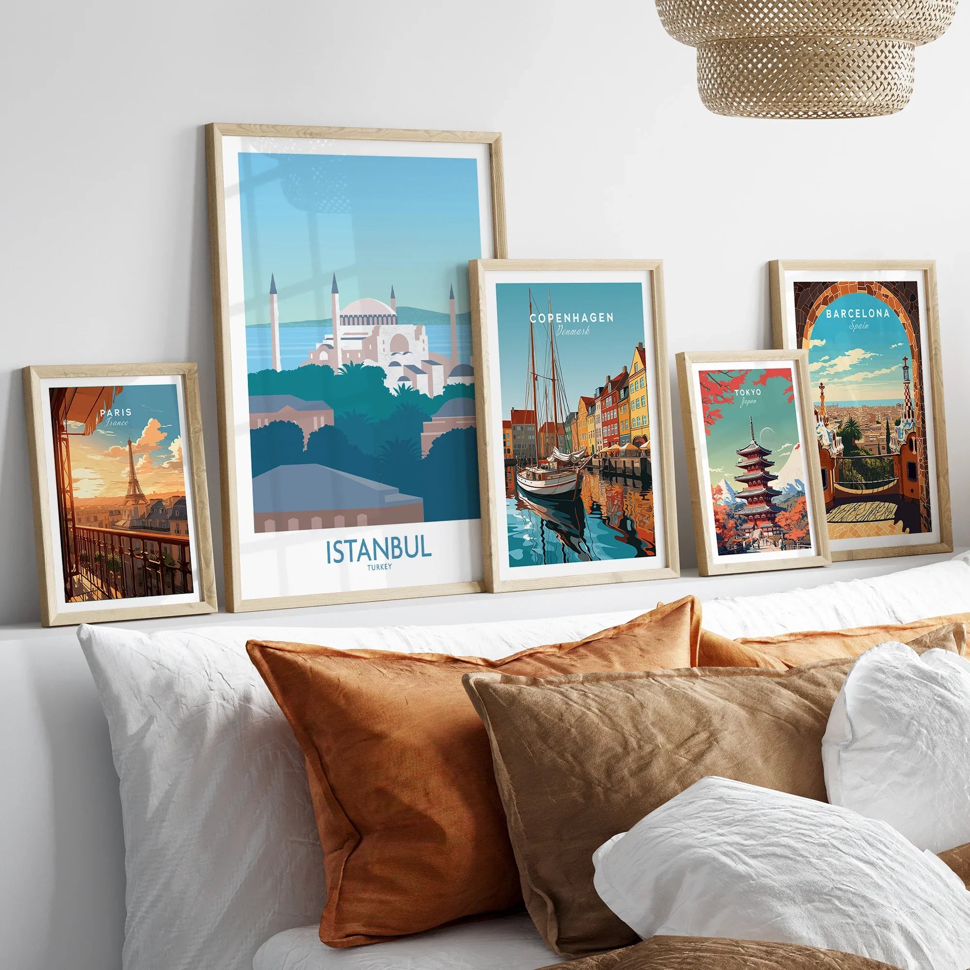Framed travel posters of Paris, Istanbul, Copenhagen, Tokyo, and Barcelona for home wall art decor