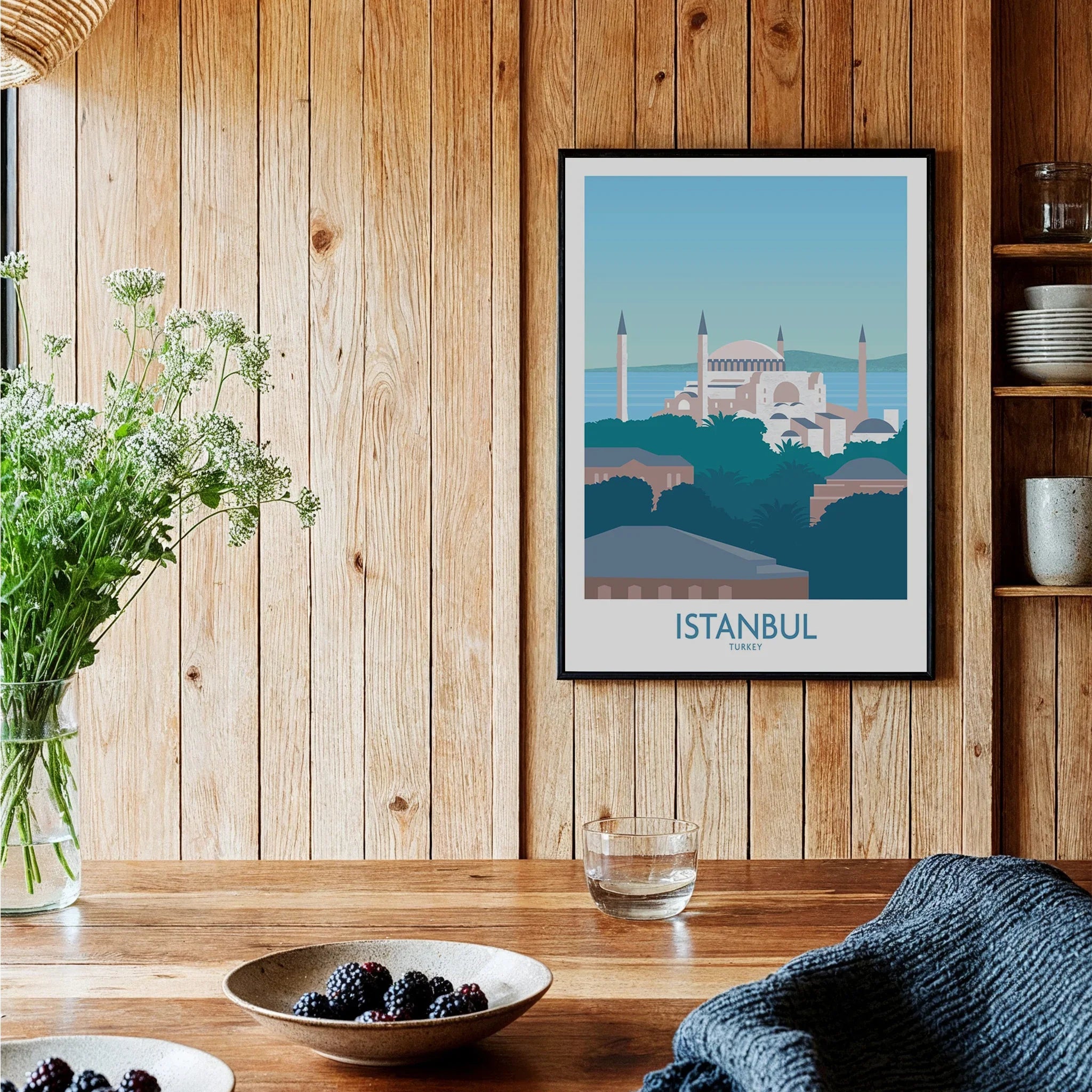 Istanbul Turkey travel poster print with Hagia Sophia skyline, perfect for home wall art decor