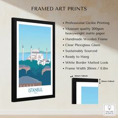 Istanbul Turkey travel poster art print in black frame, featuring Hagia Sophia skyline, ideal for home wall decor