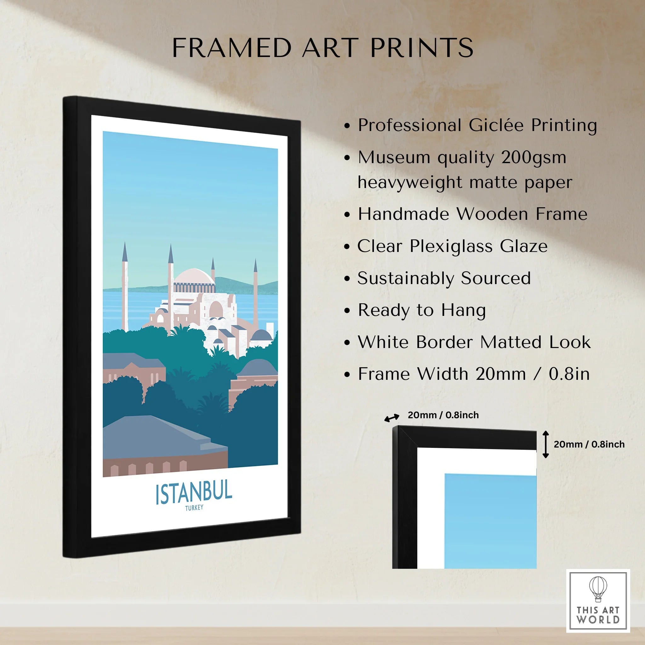 Istanbul Turkey travel poster art print in black frame, featuring Hagia Sophia skyline, ideal for home wall decor