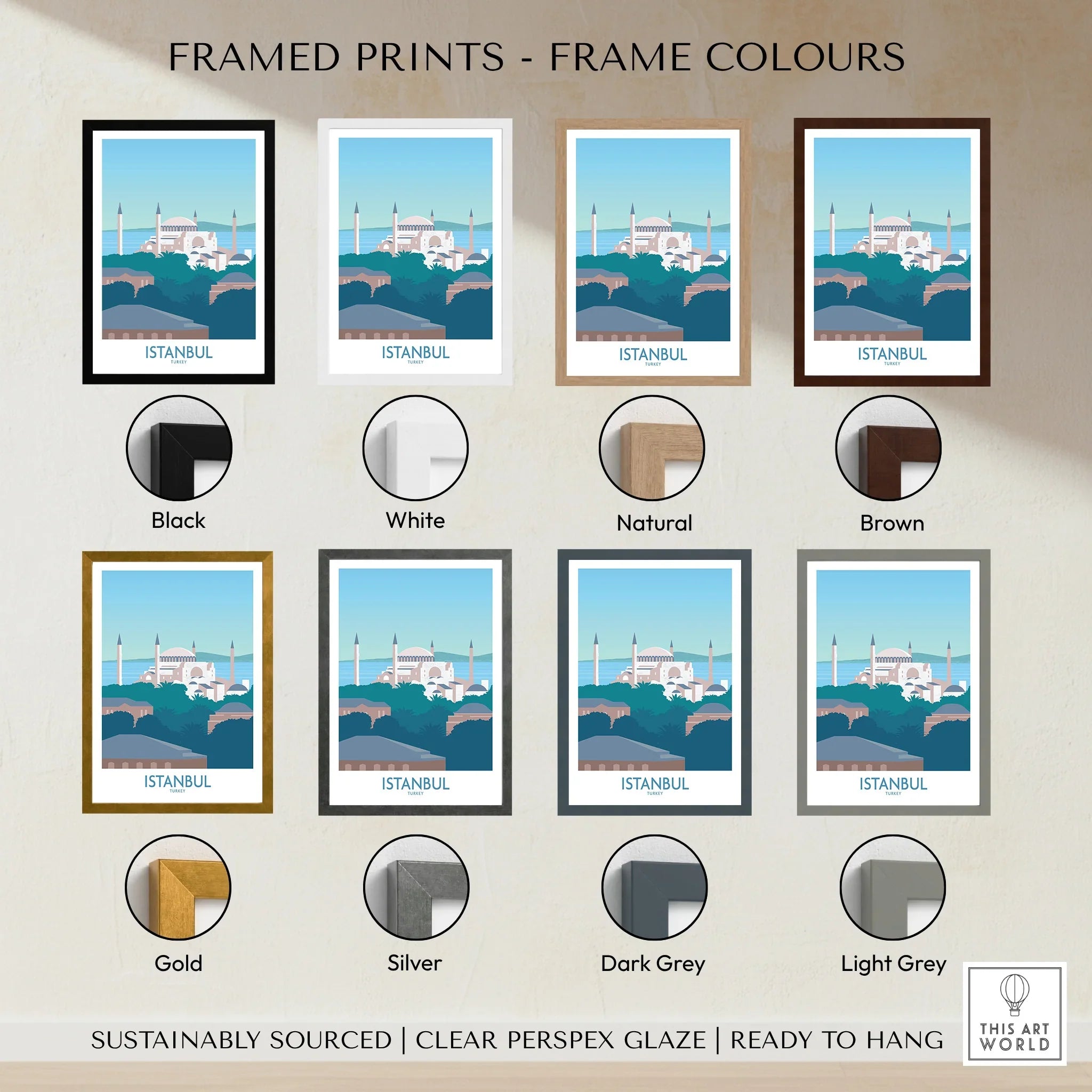 Istanbul travel poster in eight frame colors: black, white, natural, brown, gold, silver, dark grey, light grey