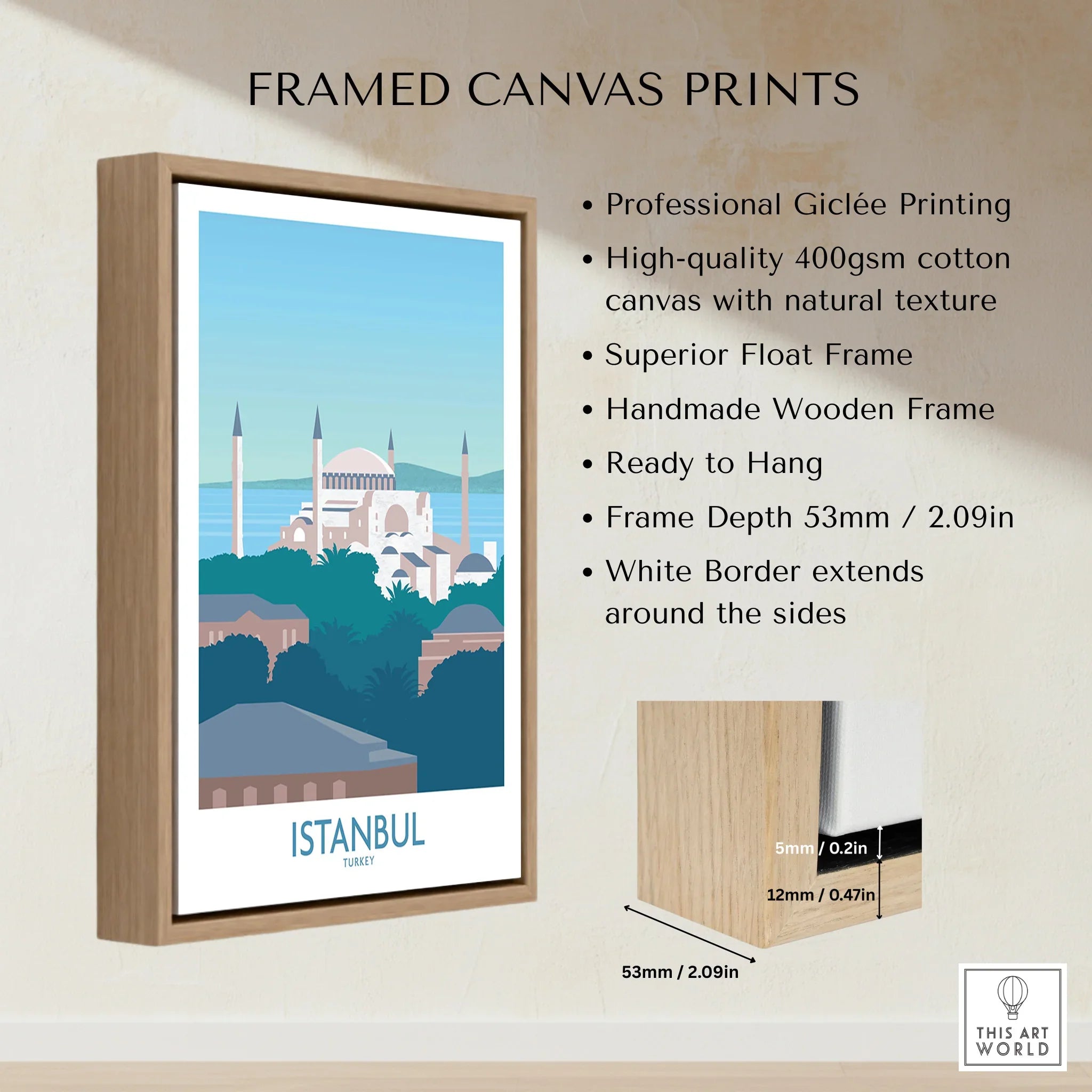Istanbul Turkey travel poster print in wooden frame, city skyline wall art for home decor