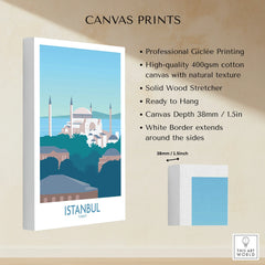 Istanbul Turkey travel poster canvas print with Hagia Sophia skyline, ready to hang wall art for home decor