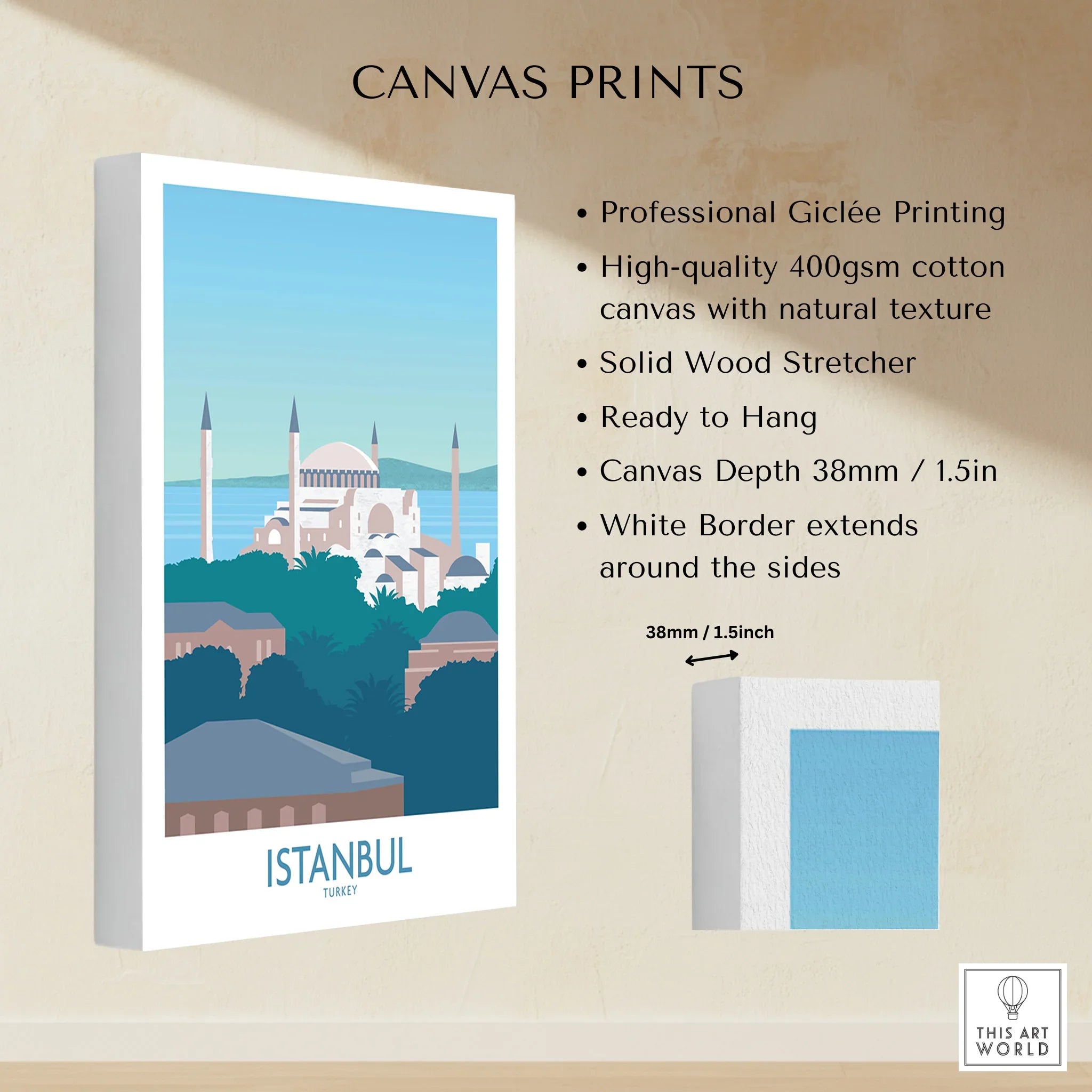 Istanbul Turkey travel poster canvas print with Hagia Sophia skyline, ready to hang wall art for home decor