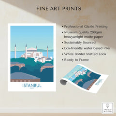 Istanbul Turkey travel poster print with Hagia Sophia, white border, ready to frame wall art
