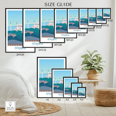 Istanbul travel poster size guide with framed wall art options for home decor