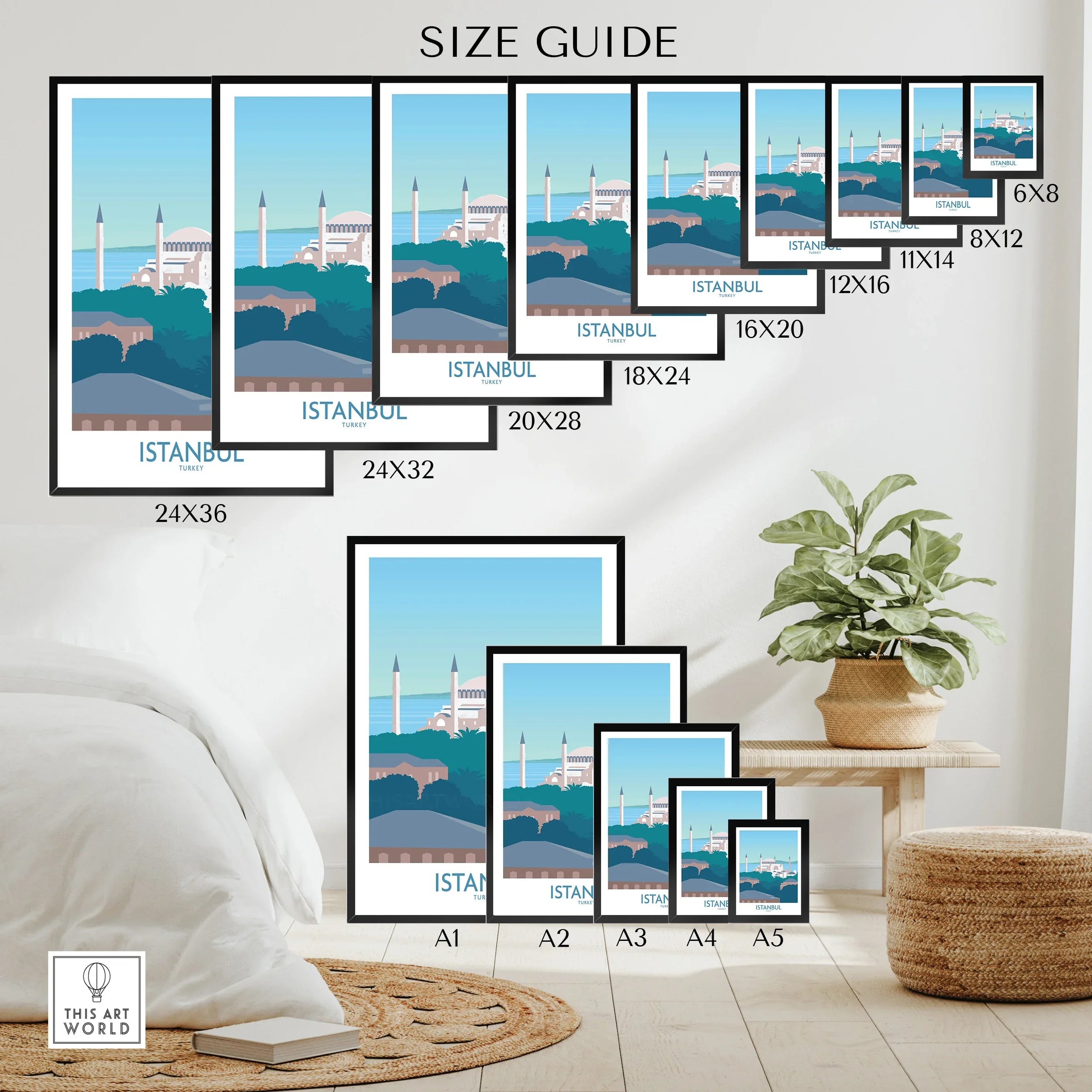 Istanbul travel poster size guide with framed wall art options for home decor