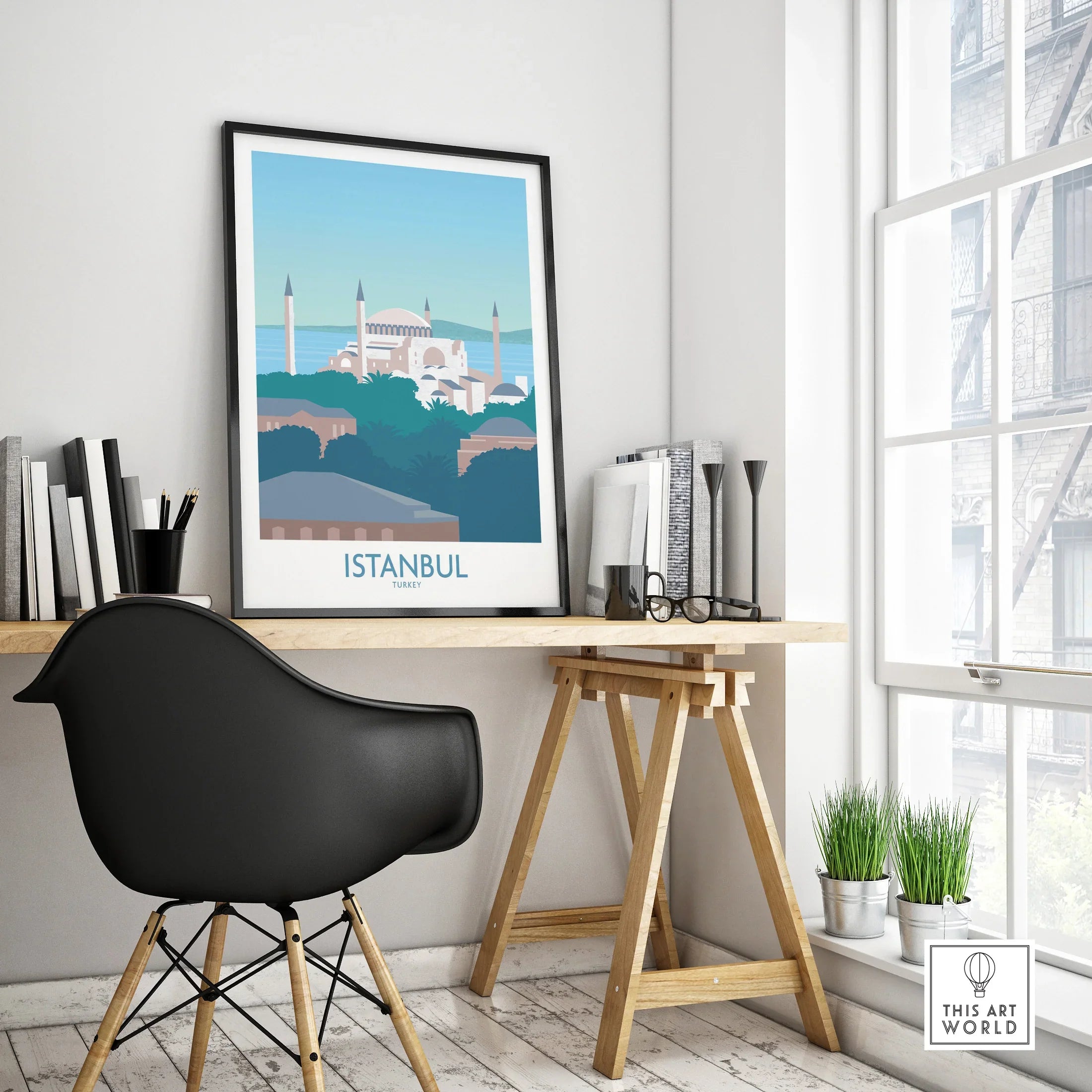 Istanbul Turkey travel poster with Hagia Sophia skyline art, perfect for home or office wall decor