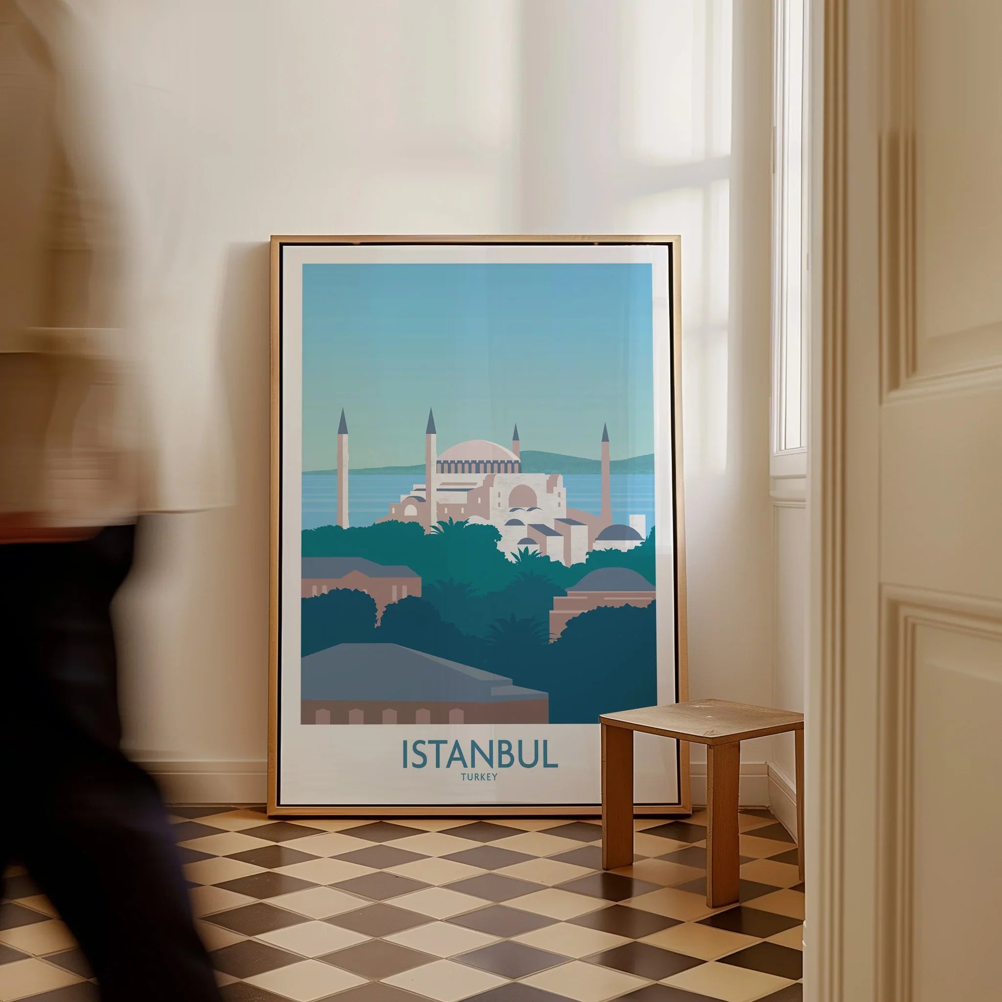 Istanbul Turkey travel poster art print with skyline, mosque, and waterfront, perfect for home decor wall art.
