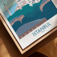 Istanbul Turkey travel poster wall art with iconic skyline and green hills, perfect for home decor.