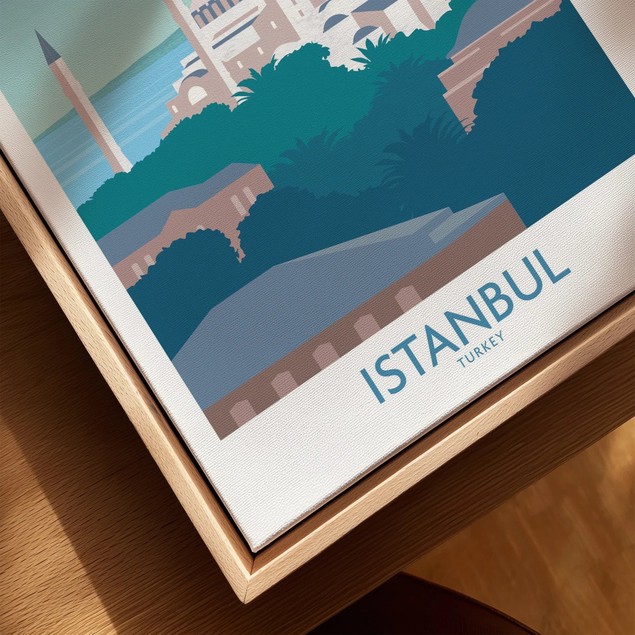Istanbul Turkey travel poster wall art with iconic skyline and green hills, perfect for home decor.