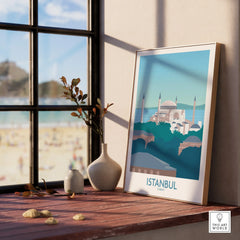 Istanbul Turkey travel poster with Hagia Sophia, framed wall art for home decor near window