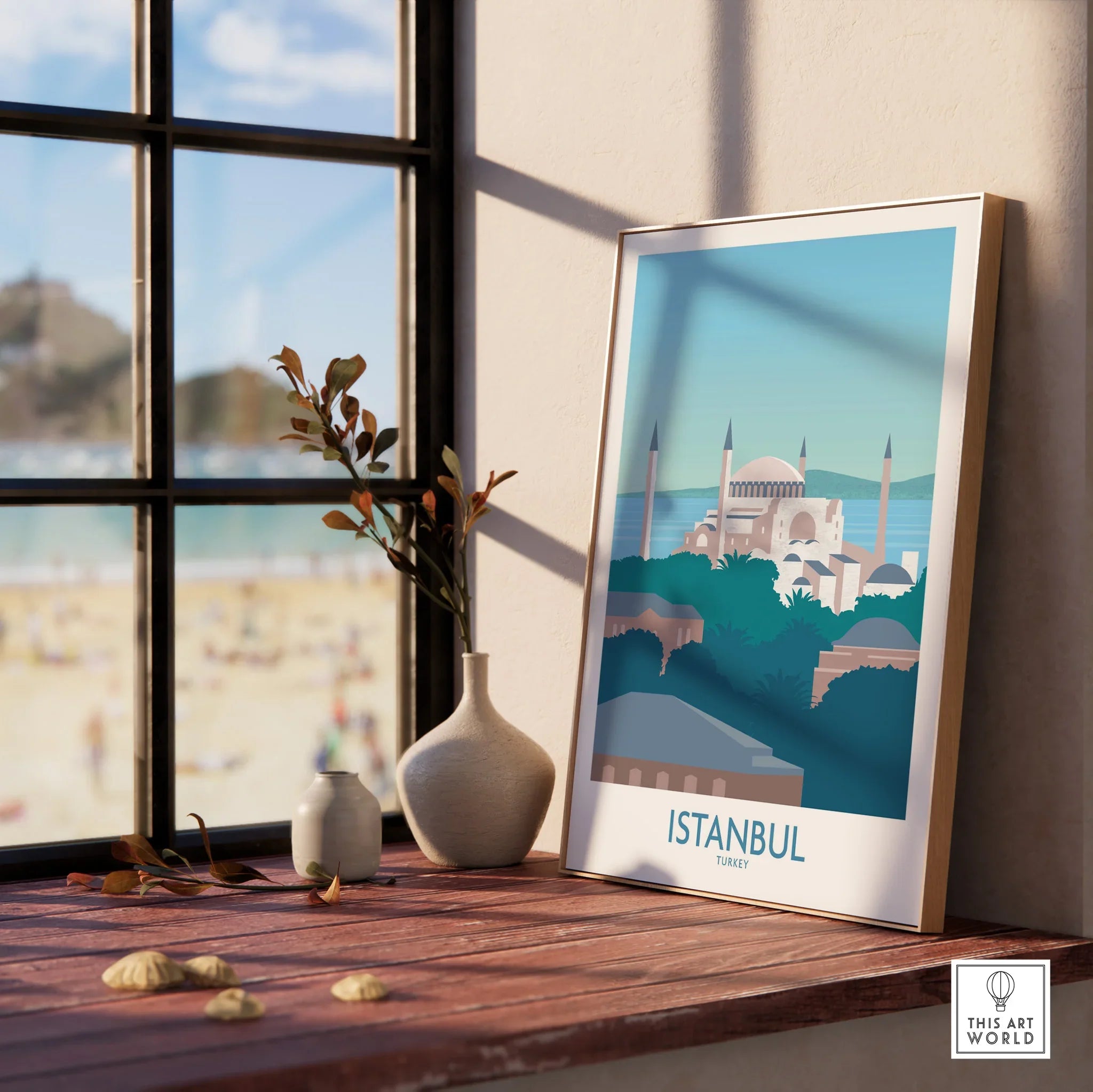 Istanbul Turkey travel poster with Hagia Sophia, framed wall art for home decor near window