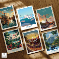 Framed travel posters of Venice, Istanbul, Paris, Singapore, Barcelona, Sri Lanka for wall art decor