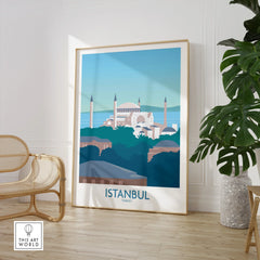 Istanbul Turkey travel poster wall art with skyline, mosque, and sea view for home decor