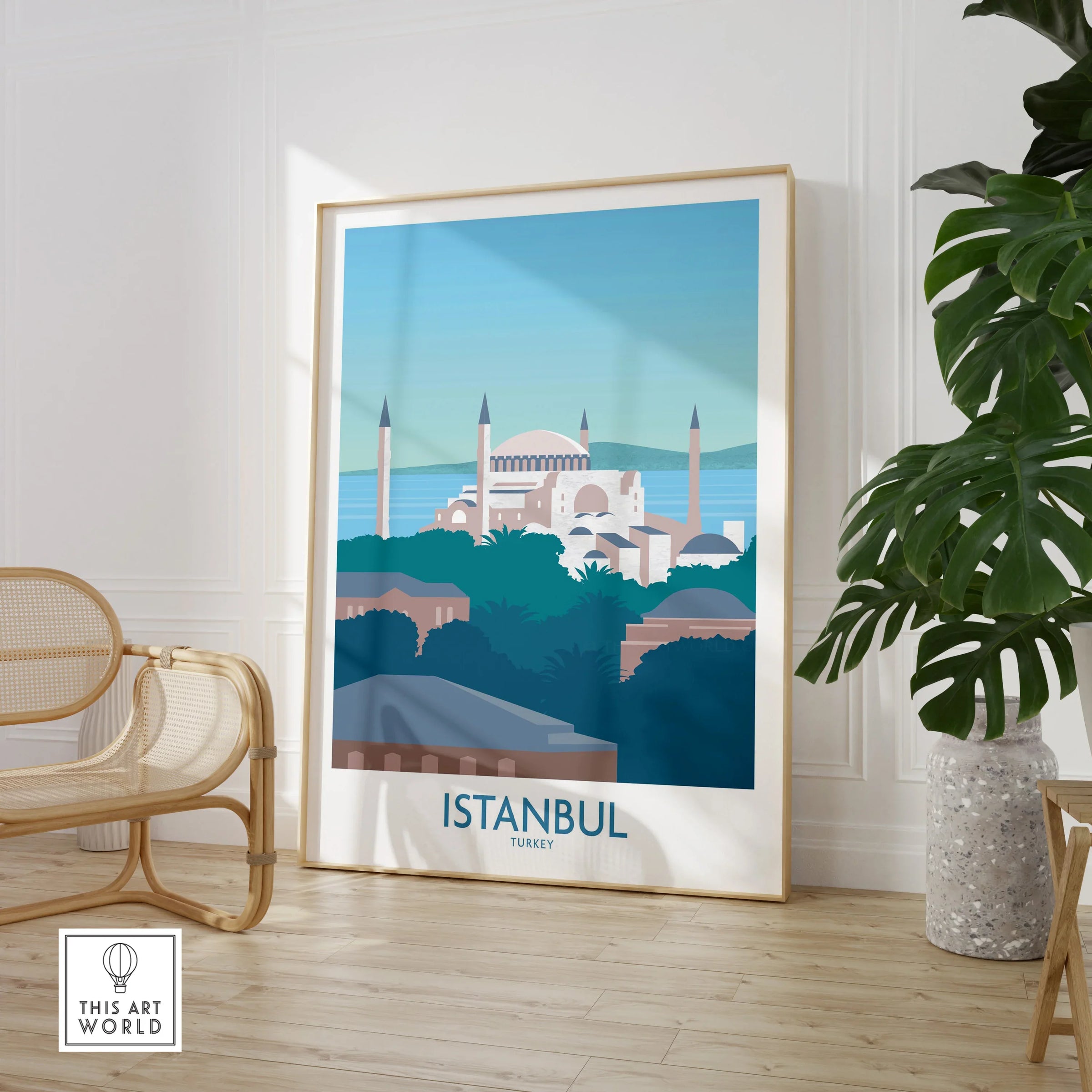 Istanbul Turkey travel poster wall art with skyline, mosque, and sea view for home decor