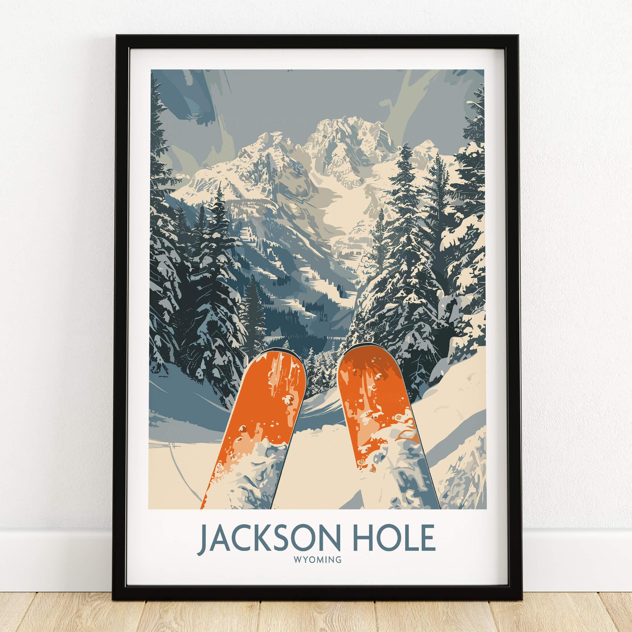 Jackson Hole Ski Print - Wyoming showcasing scenic winter landscape with skis in foreground.