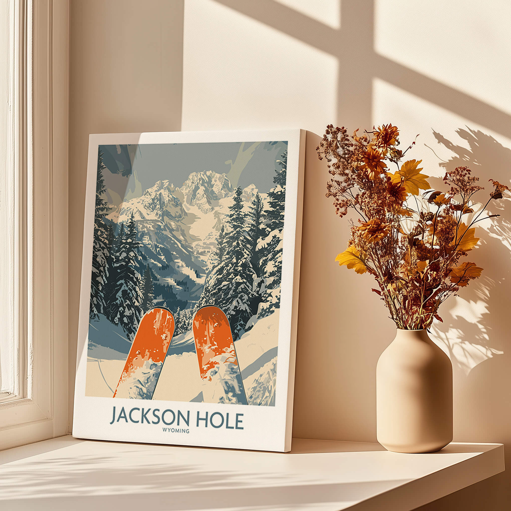 Jackson Hole Ski Print - Wyoming showcasing a beautiful ski scene with snow-covered mountains and a cozy home setting.