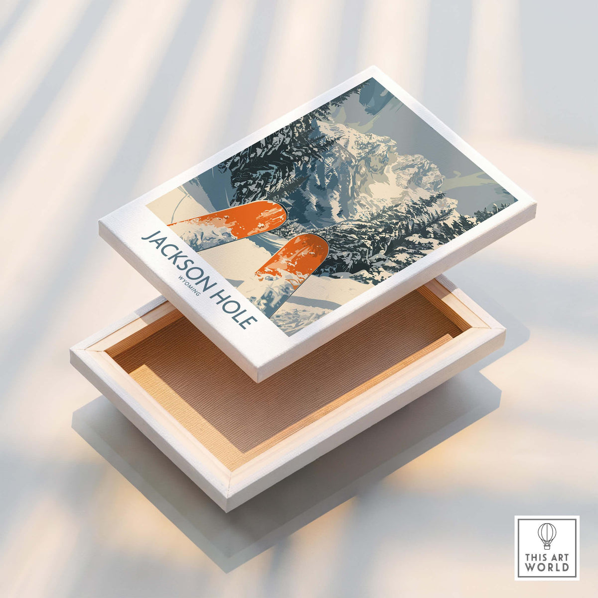 Jackson Hole Ski Print - Wyoming showcased on a decorative box featuring snowy mountains and ski imagery.