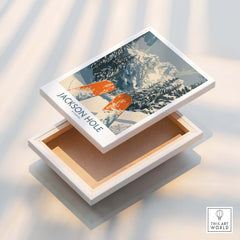 Jackson Hole Ski Print - Wyoming showcased on a decorative box featuring snowy mountains and ski imagery.