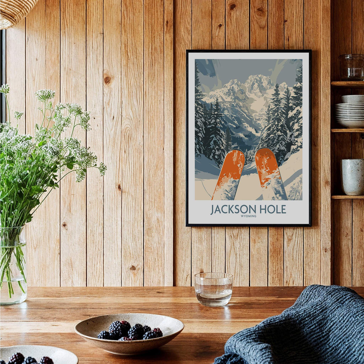 Jackson Hole Ski Print - Wyoming framed poster showcasing skiing in the mountains with vibrant colors.