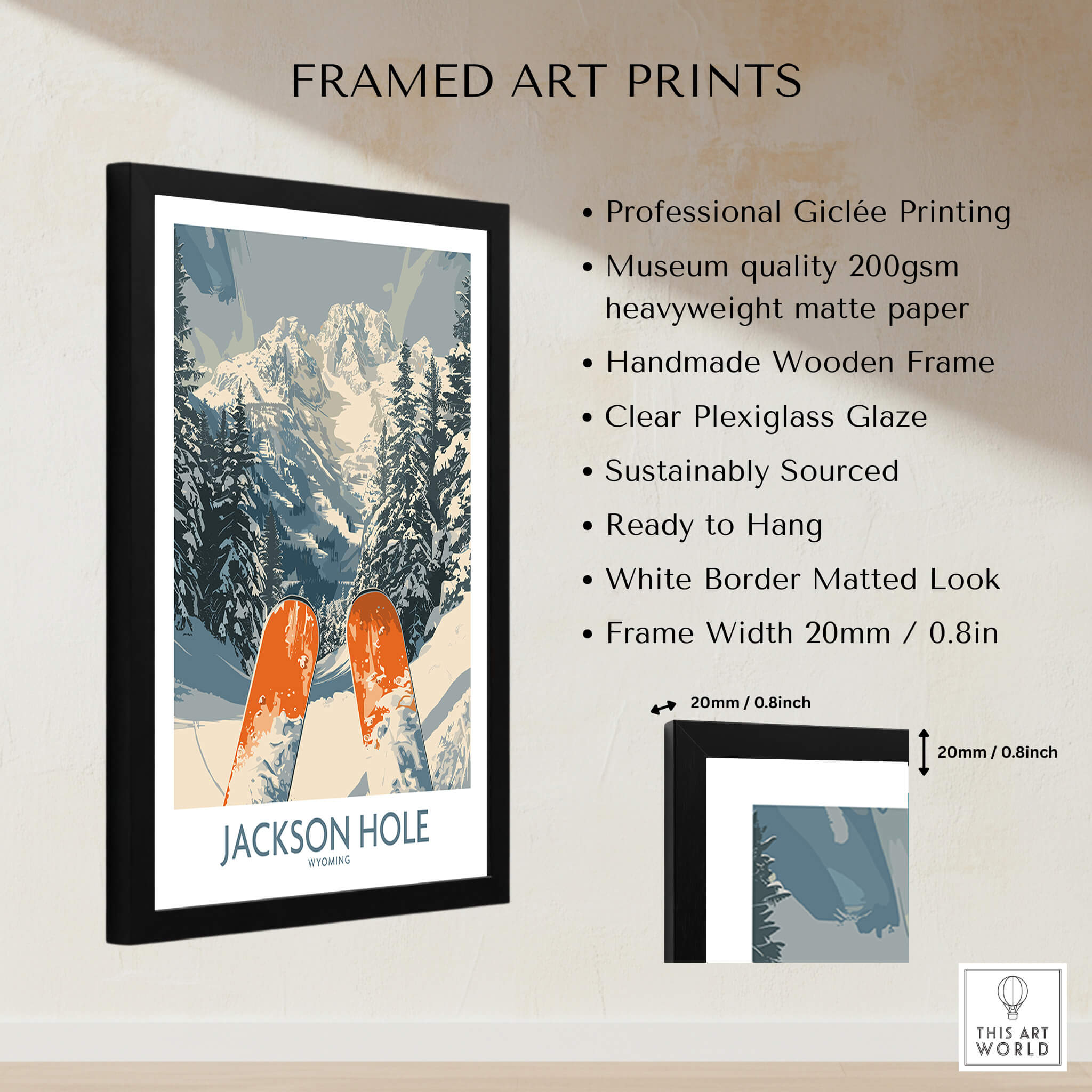 Jackson Hole Ski Print - Wyoming framed art print showcasing skiing in Wyoming's iconic landscape.