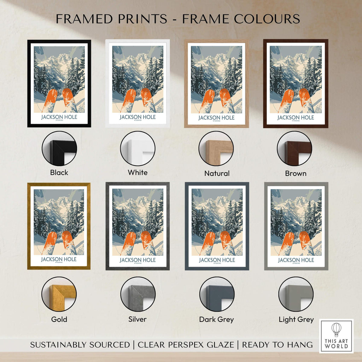 Framed prints color options for Jackson Hole Ski Print - Wyoming, showcasing different frame styles including black, white, and natural.