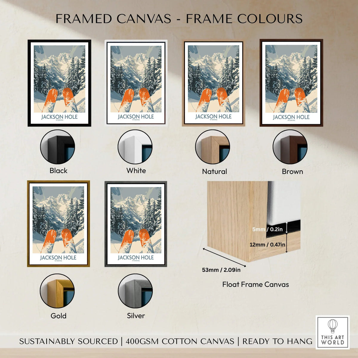 Framed canvas color options for Jackson Hole Ski Print - Wyoming showcasing different frame styles and colors.