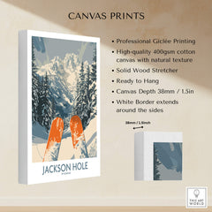 Jackson Hole Ski Print - Wyoming displayed on a wall, featuring snowy mountains and ski equipment.