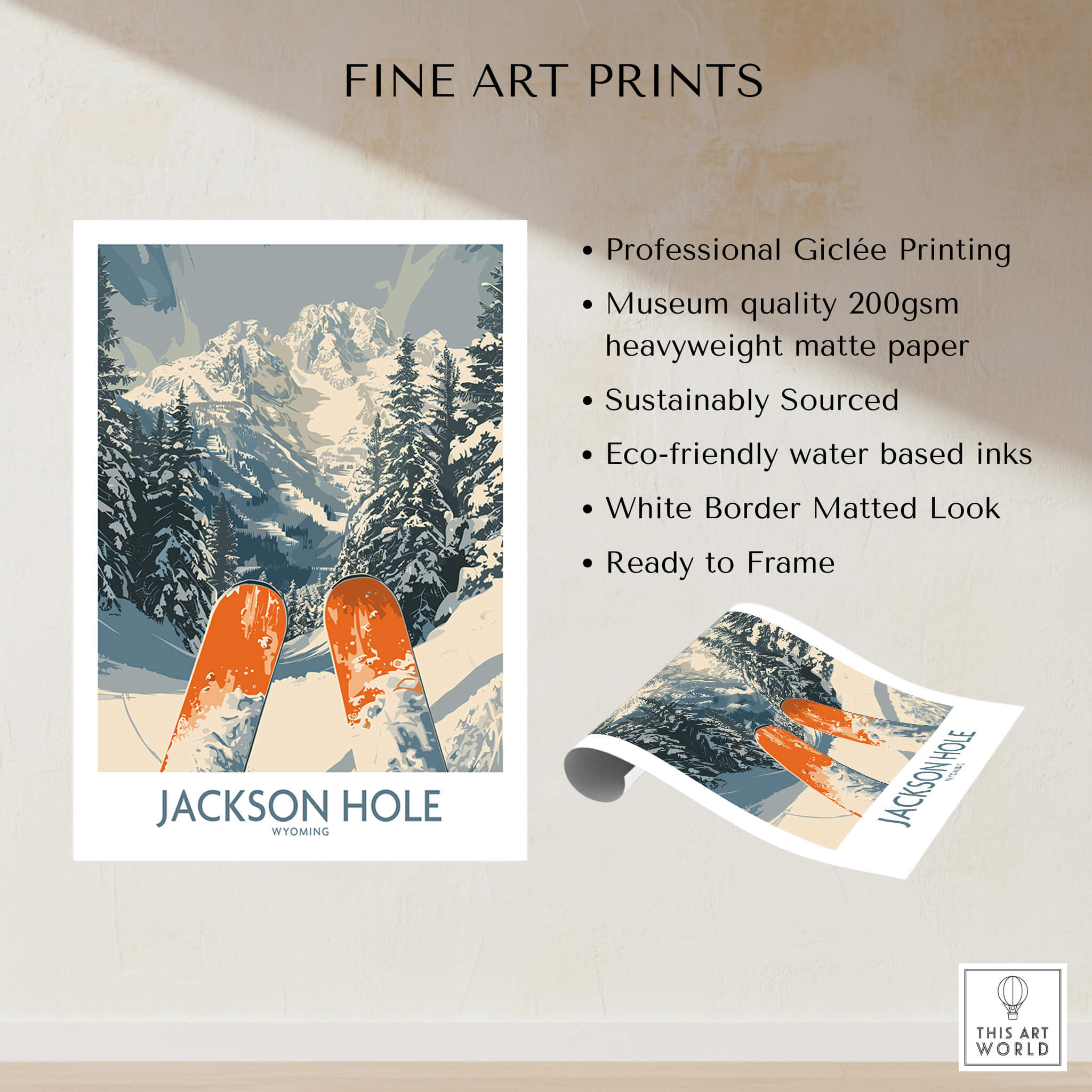 Jackson Hole Ski Print - Wyoming showcasing stunning artwork of a snowy mountain landscape with ski equipment.