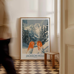 Jackson Hole Ski Print - Wyoming framed in a modern interior with skis and mountain scenery.