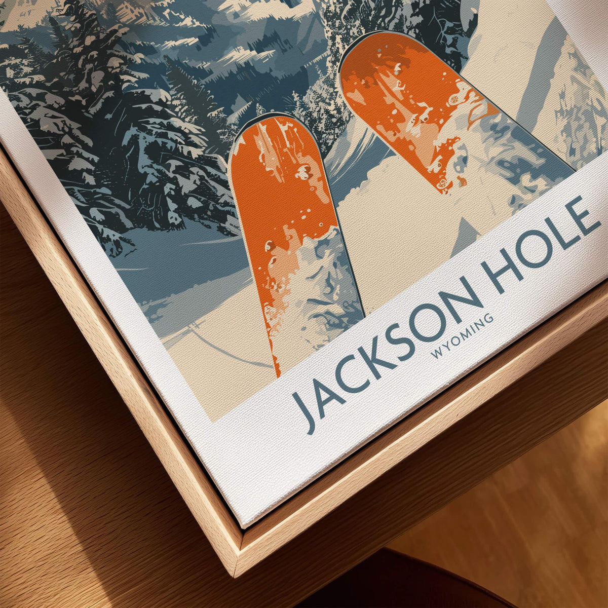 Jackson Hole Ski Print -  Wyoming featuring vibrant skis and snowy mountain backdrop.