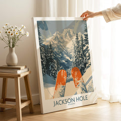 Jackson Hole Ski Print - Wyoming featuring skis and winter scenery in a cozy home setting.