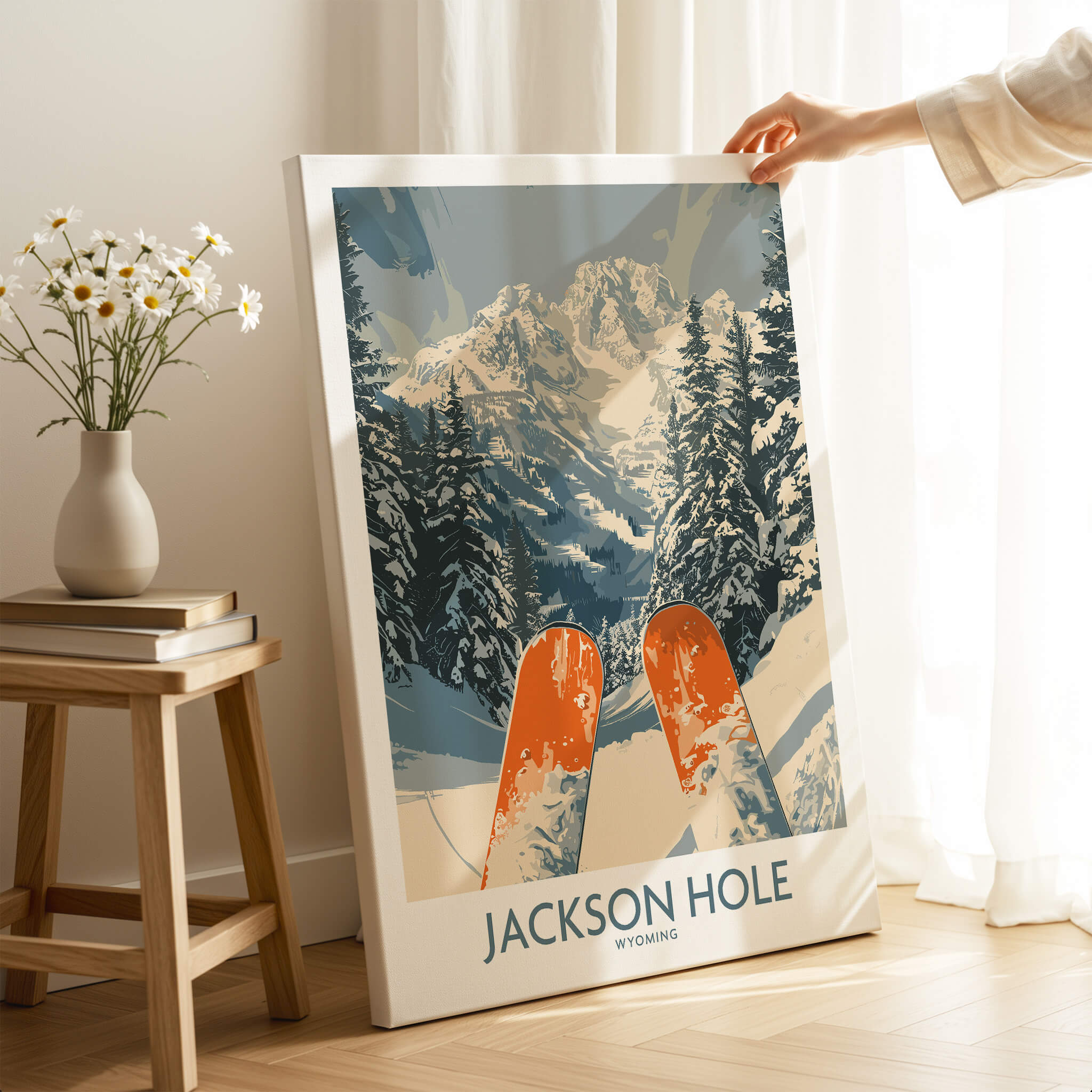 Jackson Hole Ski Print - Wyoming featuring skis and winter scenery in a cozy home setting.